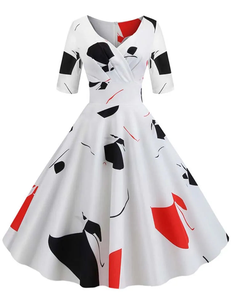 Women Summer Dress Casual Half Sleeve Elegant Vintage Office Party Floral Print Midi Sundress vestidos