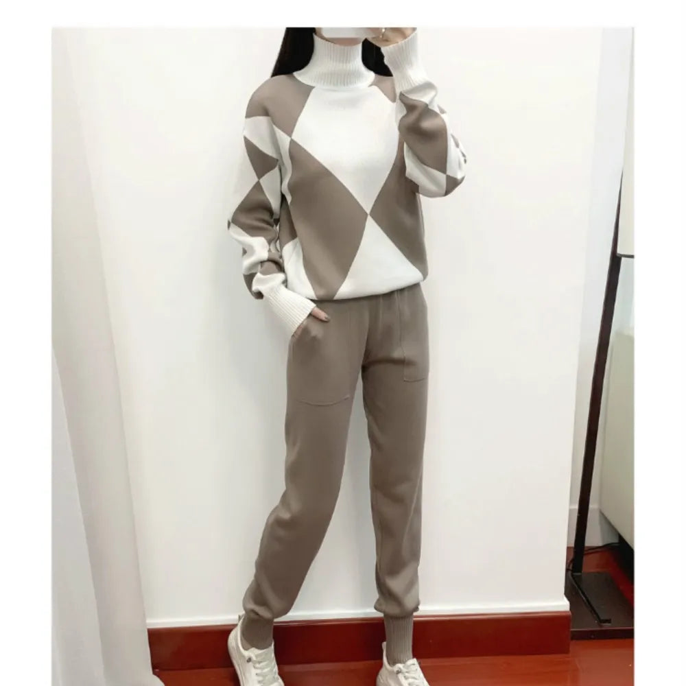 Women's Fashion Knitted Checkered Turtleneck Sweater 2 Piece Autum Winter Casual Lace Up Pocket Knitted Pants Sports Female Suit