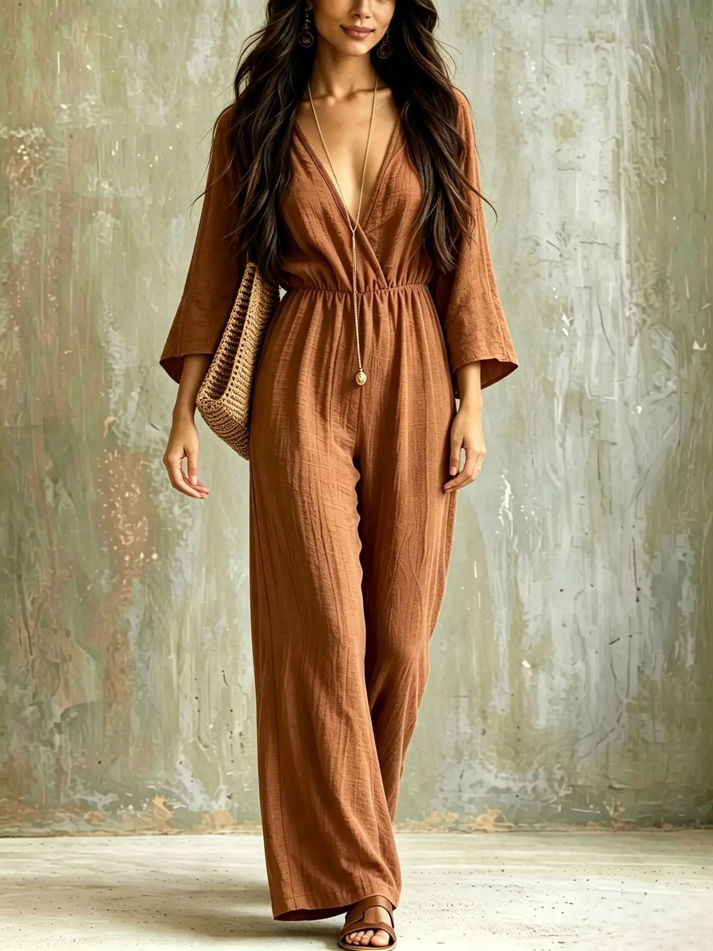 Elegant Solid Color Women's High Waisted Jumpsuit Bohemian Spring Autumn Fashion V-neck Wide Leg Jumpsuits Lady Office Clothing