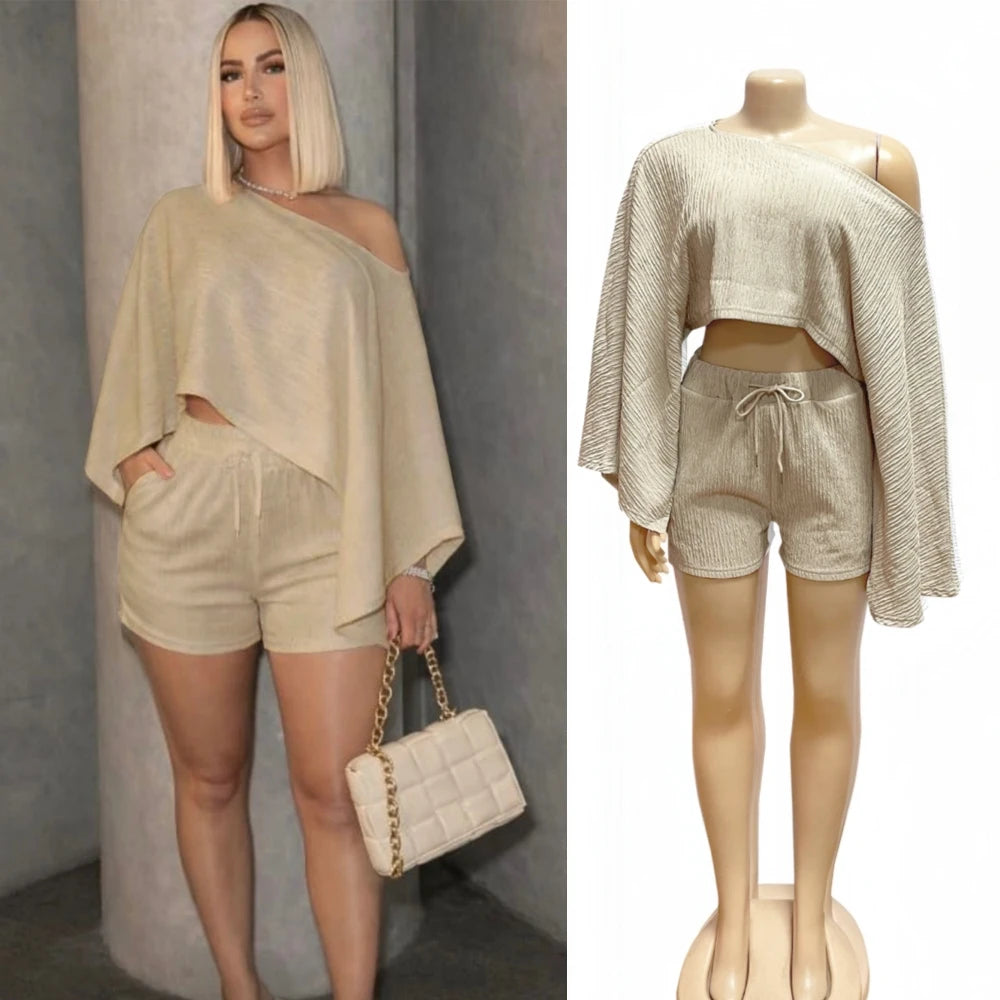 HLJ Elegant Off Showlder Two Piece Outfits Woman Summer One Shoulder Flared Sleeve Loose Crop Top and Skirt Suit Streetwear New