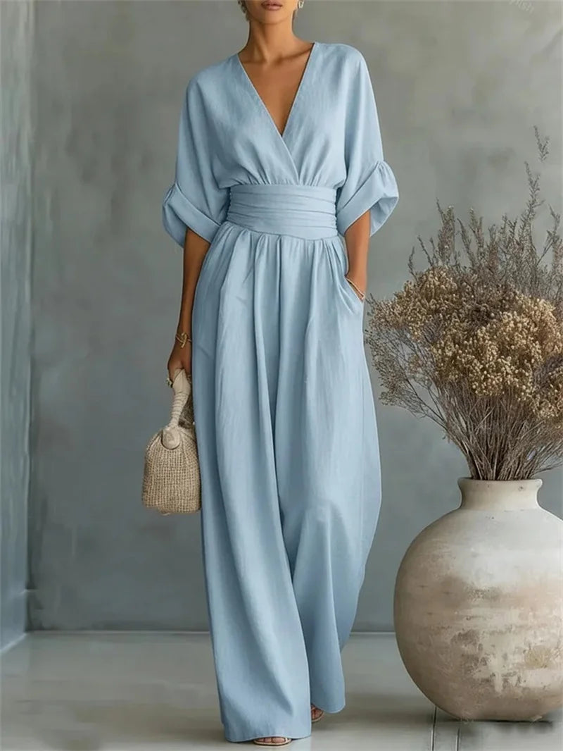 2026 Spring Summer Women Elegant V-neck Jumpsuit Casual Short Sleeve Ruched High Waist Wide Leg Pants Loose Office Lady Romper