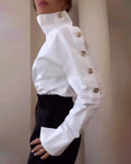 Fashionable And Elegant Women's Pullover Shirt Casual Office Turtleneck Metal Button Slim Body 2025 Spring And Autumn New Style