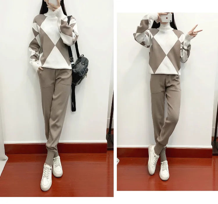 Women's Fashion Knitted Checkered Turtleneck Sweater 2 Piece Autum Winter Casual Lace Up Pocket Knitted Pants Sports Female Suit
