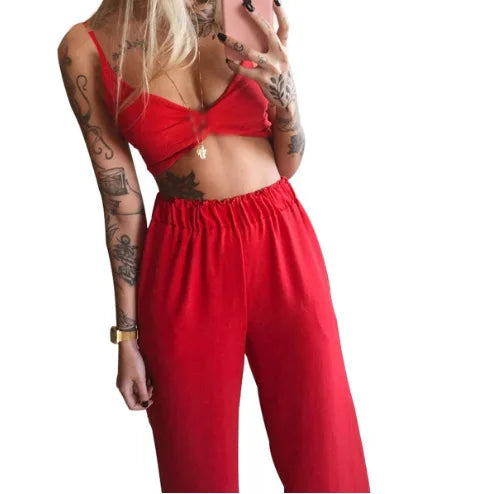 Sexy Two Piece Set Women Outfit 2026 Summer Butterfly Print V-Neck Cropped Top High Waist Drawstring Casual Wide Leg Pants Sets