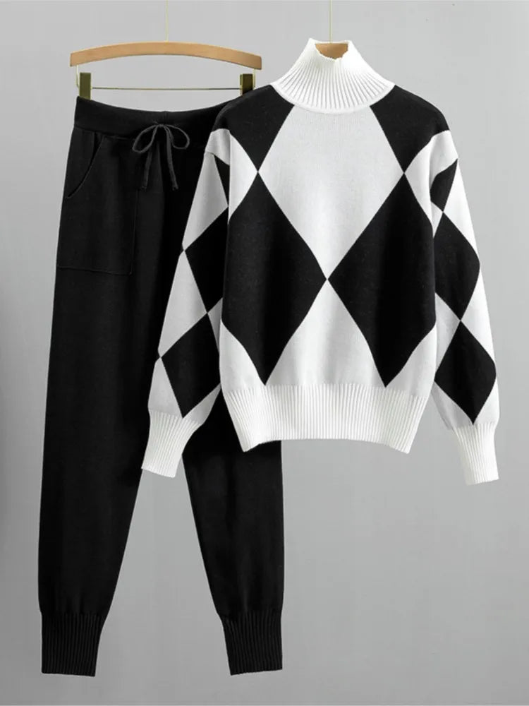 Women's Fashion Knitted Checkered Turtleneck Sweater 2 Piece Autum Winter Casual Lace Up Pocket Knitted Pants Sports Female Suit
