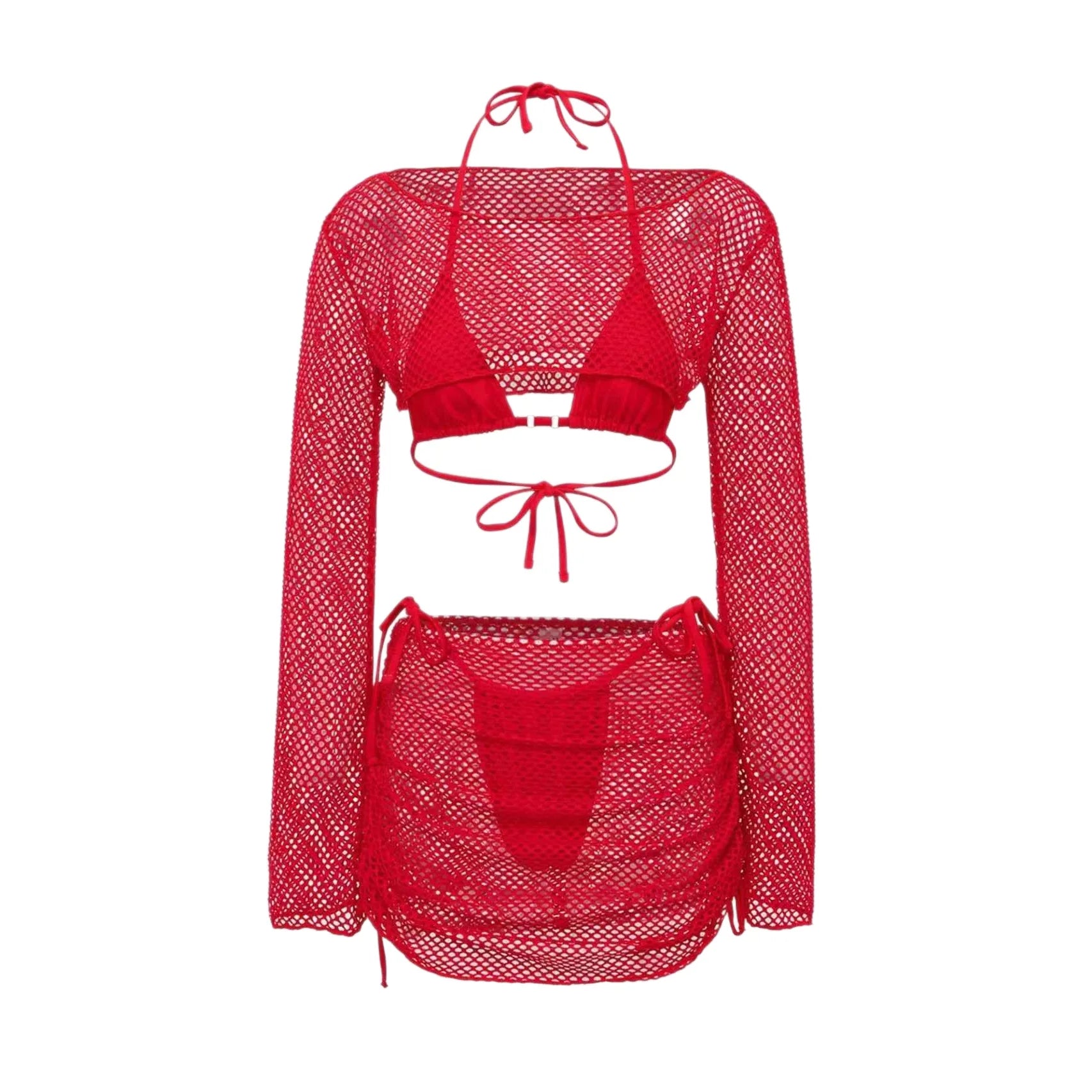 Women's Long Sleeve Crochet Drawstring Cover-Ups Skirts Four Piece Swimsuit Beach Bathing Suits Swimwear Slit Bikini Sets