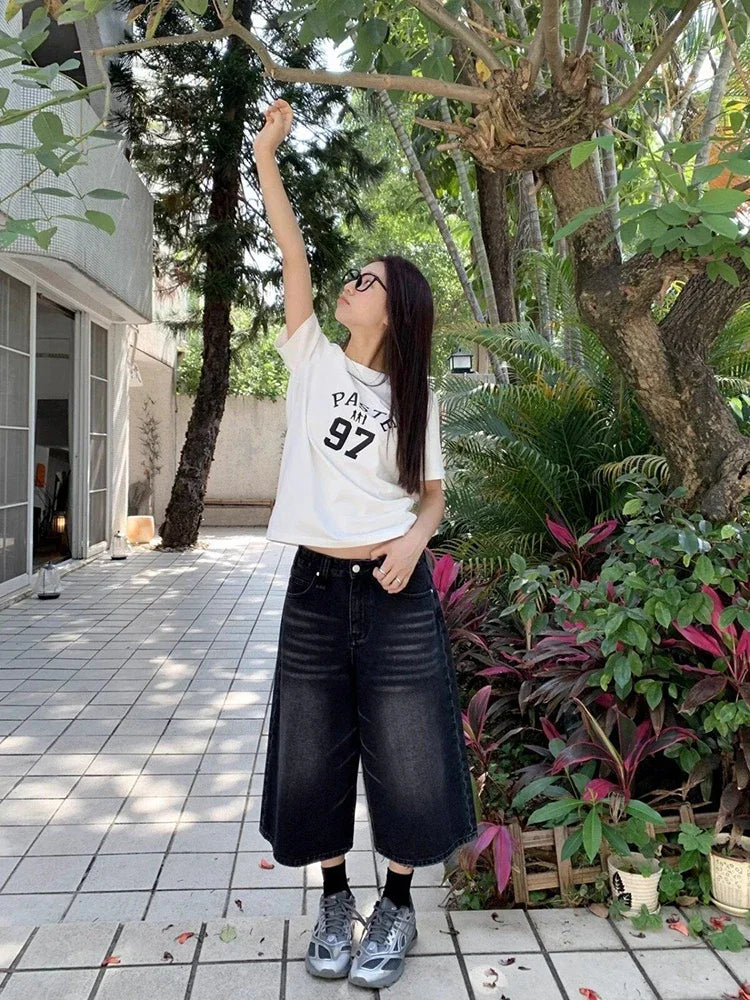 Black Baggy Denim Shorts Women Y2k Vintage Wide Leg Jorts Washed High Waist Streetwear Casual Fashion Loose Trousers