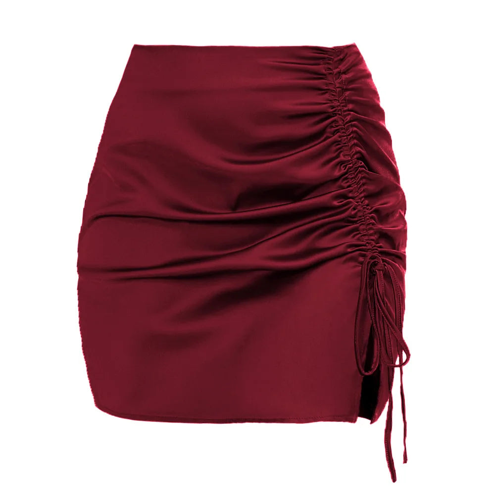 Elegant Stylish Solid Color Ruffle Bodycon Skirt Sexy High Waist Zip Satin Midi Skirt Women Sexy Bodycon Mini Short Skirt