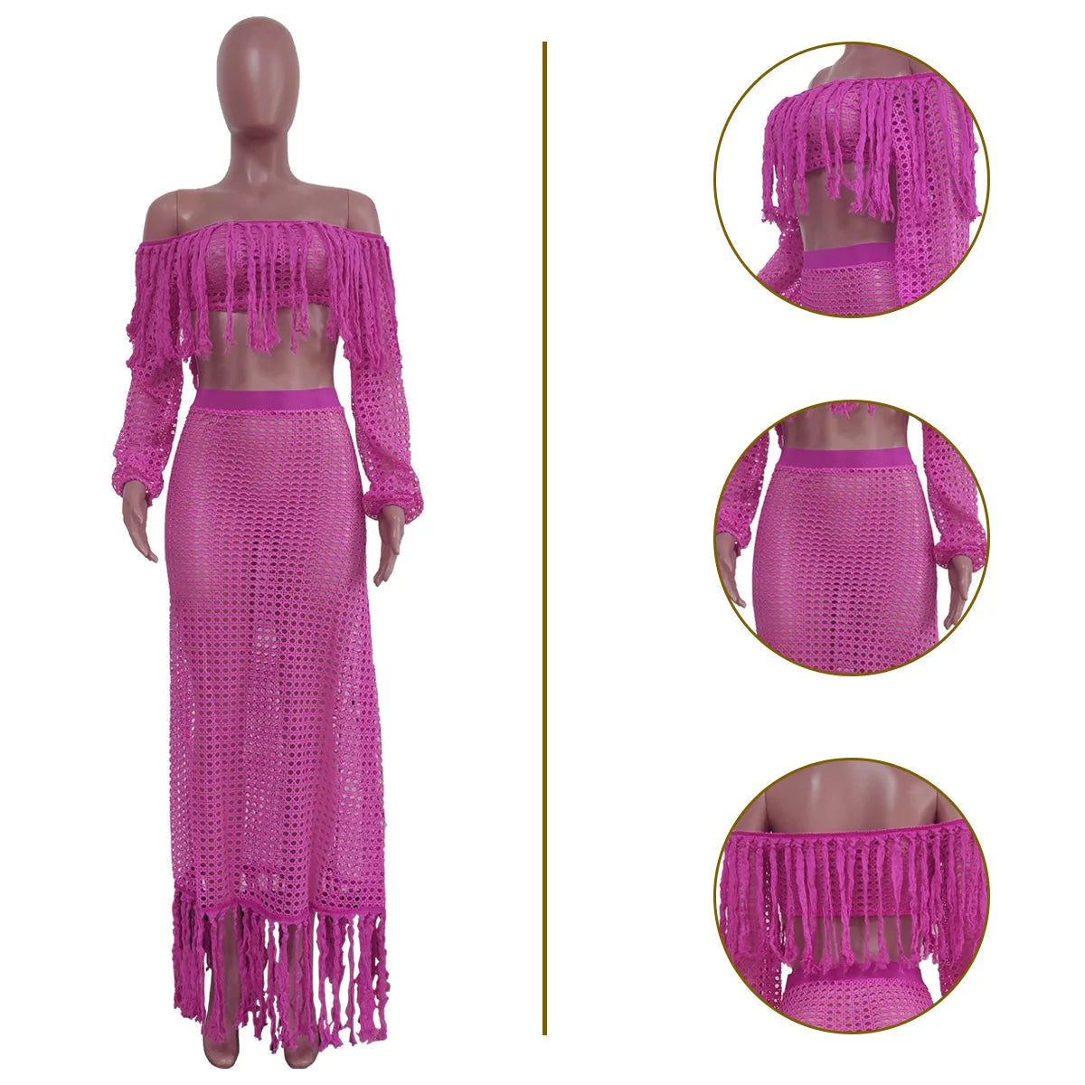 Skirt 2 Piece Set Women Beach Long Skirts Suit Top Off Shoulder Tassels Sexy Hollow Out Ensemble 2026 Summer Female Outfits