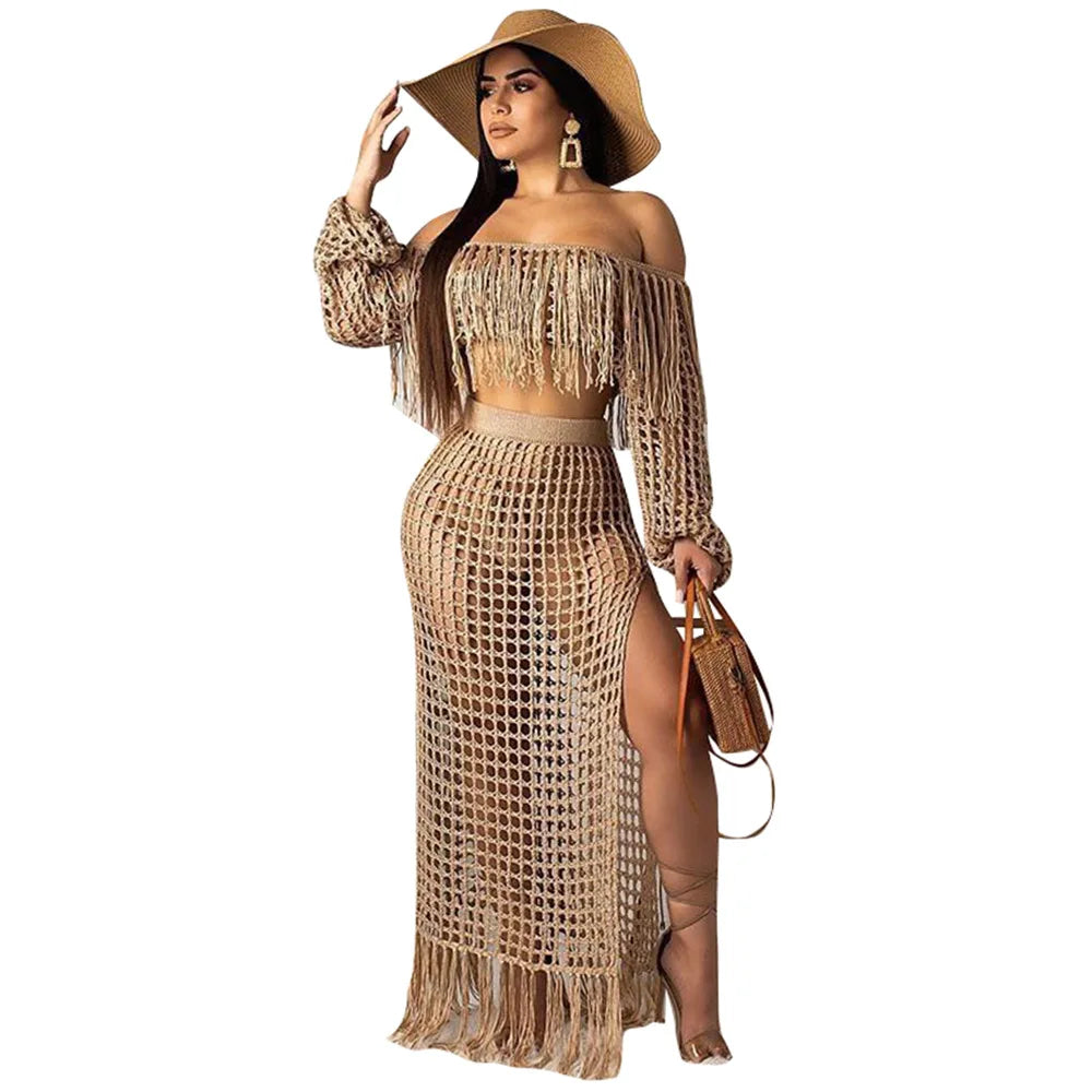 Skirt 2 Piece Set Women Beach Long Skirts Suit Top Off Shoulder Tassels Sexy Hollow Out Ensemble 2026 Summer Female Outfits