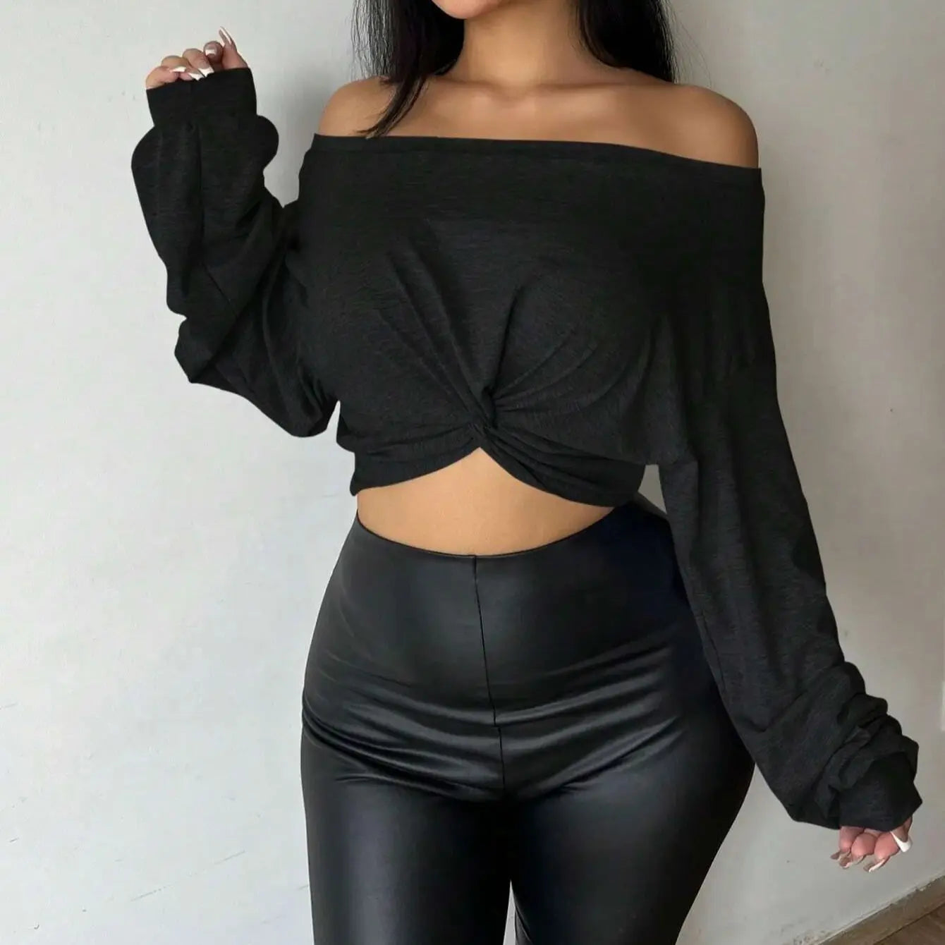 Women's Off-Shoulder One-Shoulder Collar Front-Tie Short Top