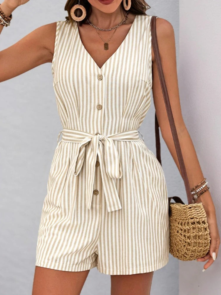 New Summer Women Playsuit Stripe Print V Neck Sleeveless Loose Shorts Jumpsuit Romper with Belt and Pockets Streetwear Clothing