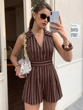 2026 Summer Women Striped Sleeveless V Neck Jumpsuits Elegant Mature Style Casual Short Jumpsuit Ladies One Piece Shorts Outfit