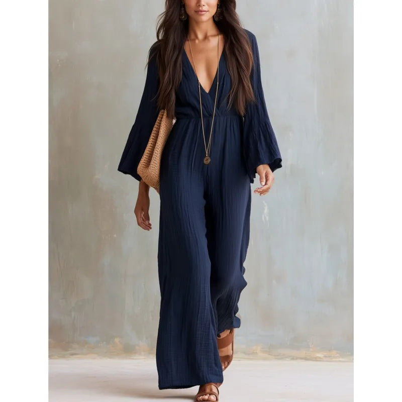 Elegant Solid Color Women's High Waisted Jumpsuit Bohemian Spring Autumn Fashion V-neck Wide Leg Jumpsuits Lady Office Clothing