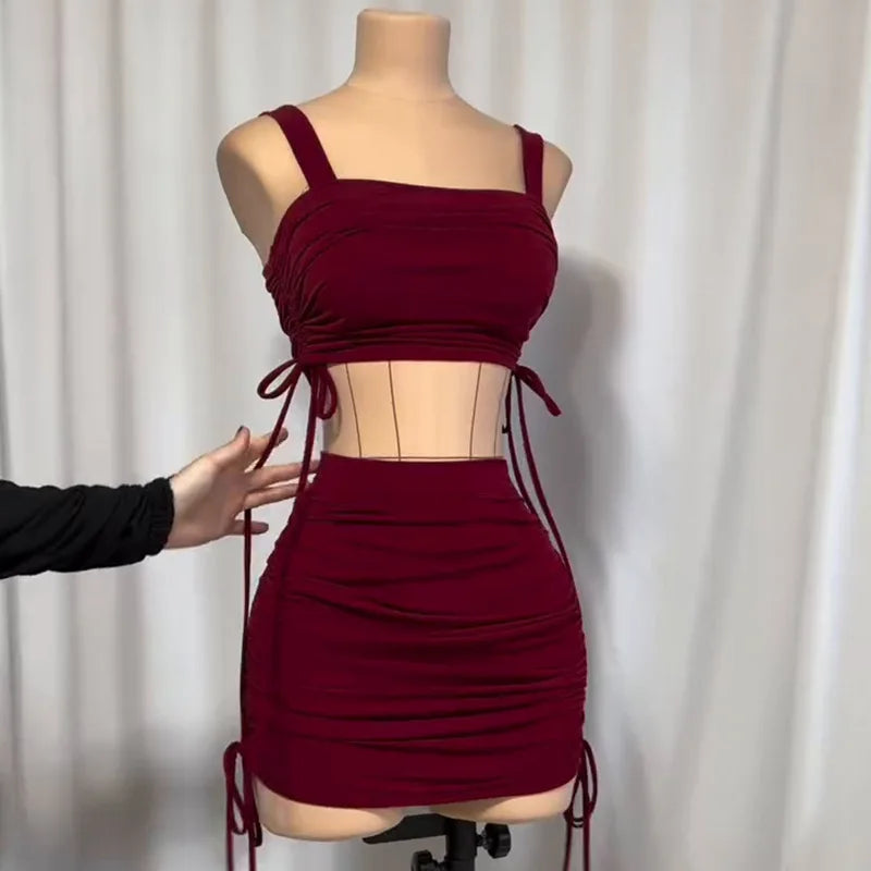 Women Two Piece Sets Skirt Set Sling Tops Sleeveless Short Skirts Hip Wrap Y2k Streetwear Drawstring Party Night Beach Sexy 2026