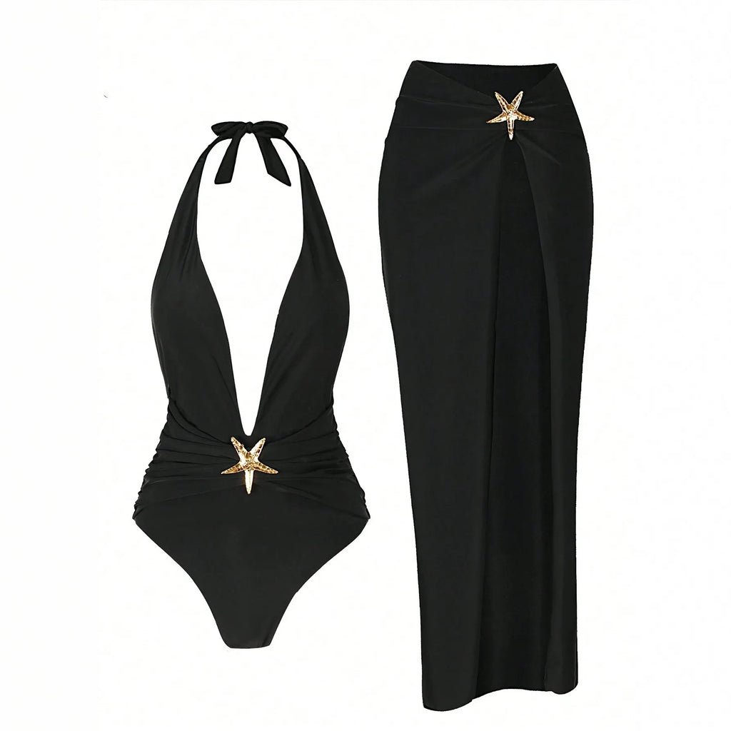 One Piece Bathing Suits with High Split Skirt Cover-Ups Bikini Long Skirts Summer Elegant Women Sexy Black Halter Bikini Sets