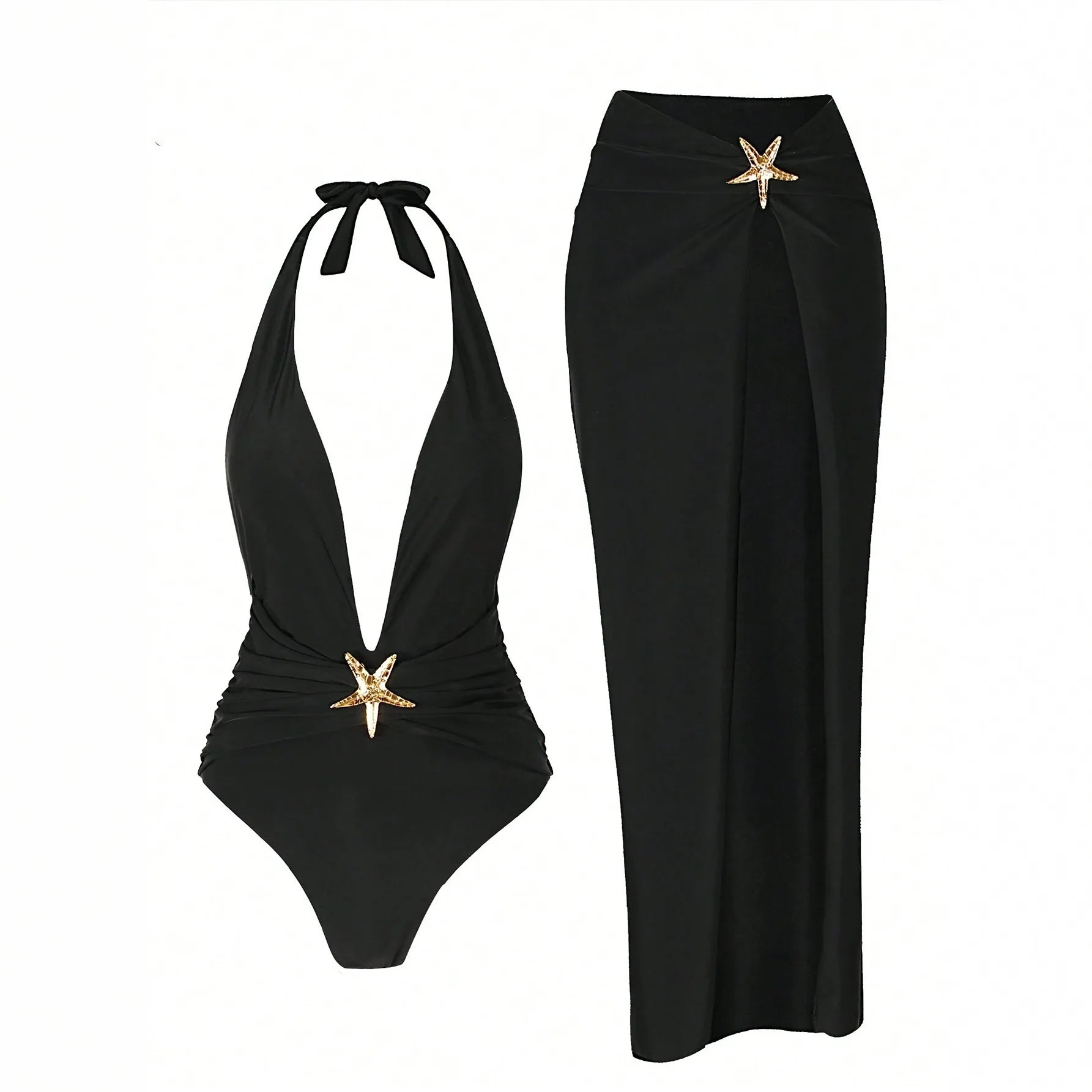 One Piece Bathing Suits with High Split Skirt Cover-Ups Bikini Long Skirts Summer Elegant Women Sexy Black Halter Bikini Sets