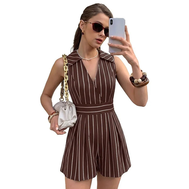 2026 Summer Women Striped Sleeveless V Neck Jumpsuits Elegant Mature Style Casual Short Jumpsuit Ladies One Piece Shorts Outfit