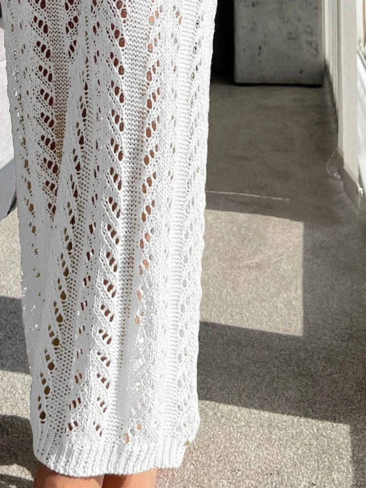 Sexy White Hollow Out Beach Pants for Women Summer High Waist Crochet Wide Leg Trousers Casual Vacation Knitwear Bohemian Long