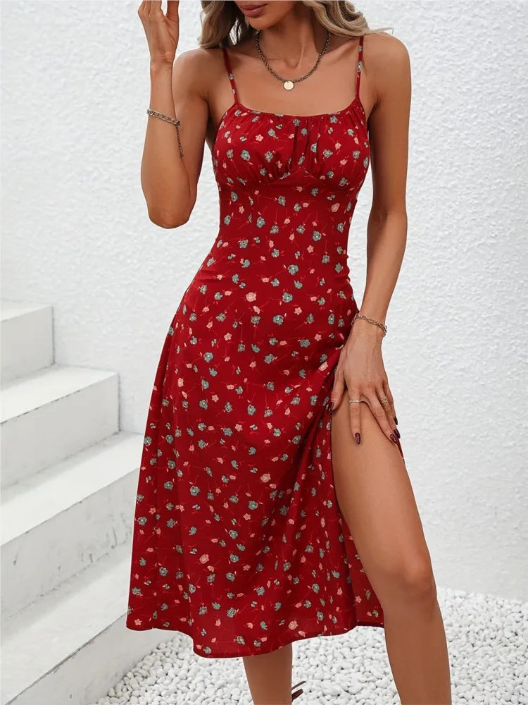 New Summer Sexy Spaghetti Straps Dress Women Fashion Polka Dot Print Sleeveless Slit Dress Boho Casual Beach Midi Dresses