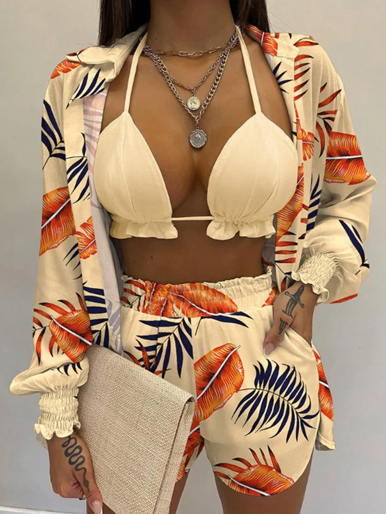 2026 New Bathing Suit Shorts Cover Up Summer Three Pieces Swimwear Sexy Beachwear High Waist Bikini Set Print Women's Swimsuit