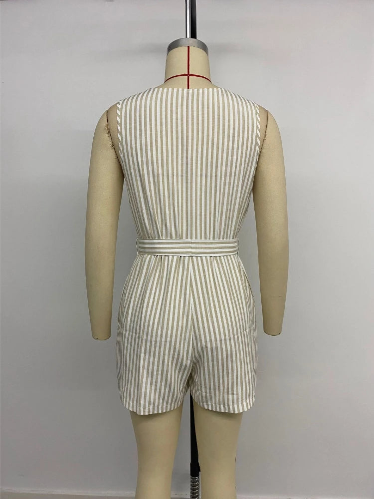 New Summer Women Playsuit Stripe Print V Neck Sleeveless Loose Shorts Jumpsuit Romper with Belt and Pockets Streetwear Clothing