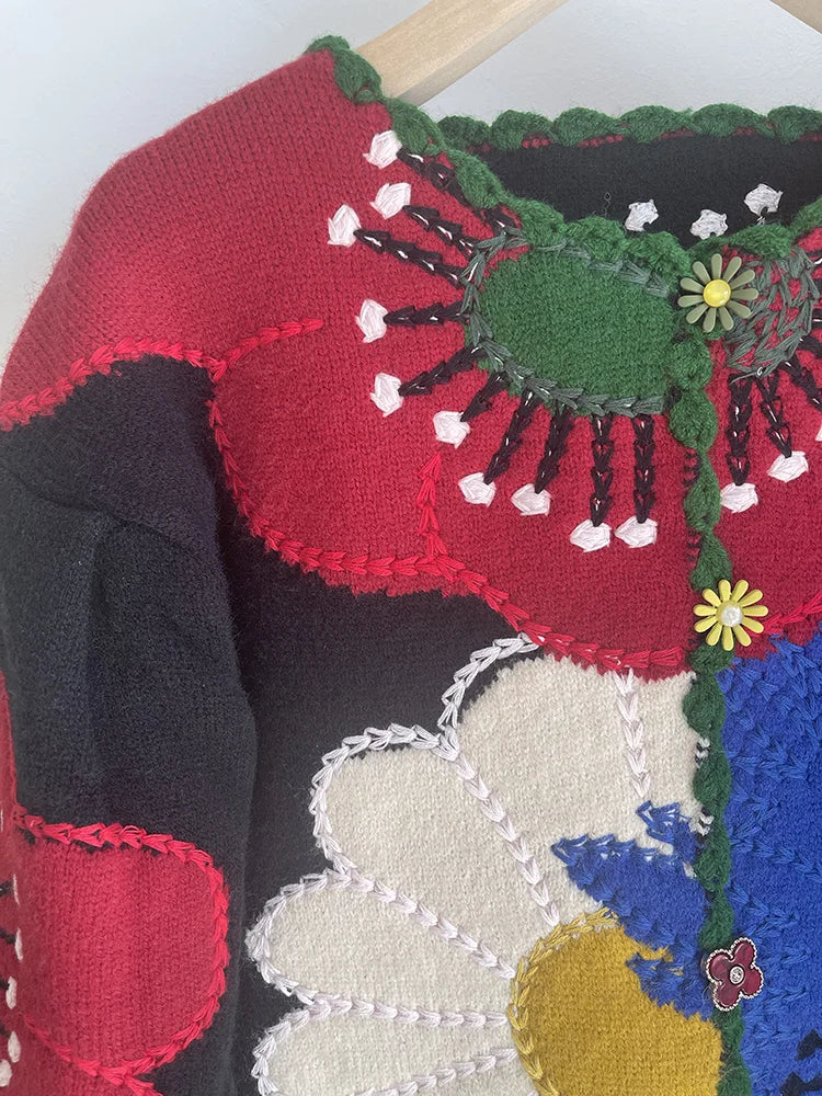 Vintage Flower Embroidery Knitted Top High Quality Women Fashion Cardigan Fashion Trends Autumn/Winter New in Chic Sweater Coat