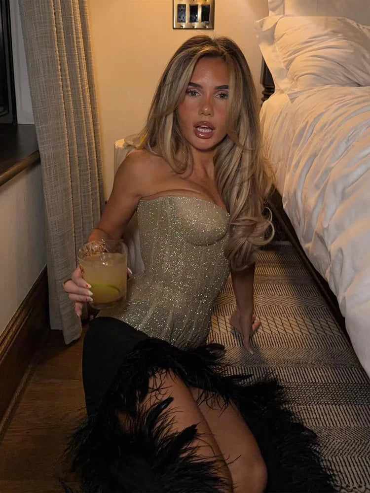 Women Glitter Sequin Fishbone Strapless Top Sexy Off-shoulder Backless Waist Cinching Cropped Blouse 2026 Lady Club Party Tops