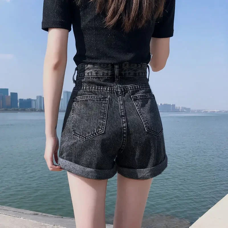 Wide Female Short Jeans Pants Korean Style Women's Denim Shorts With Waist Pocket Design XXL Elegant Low Price Youthful Kpop XL