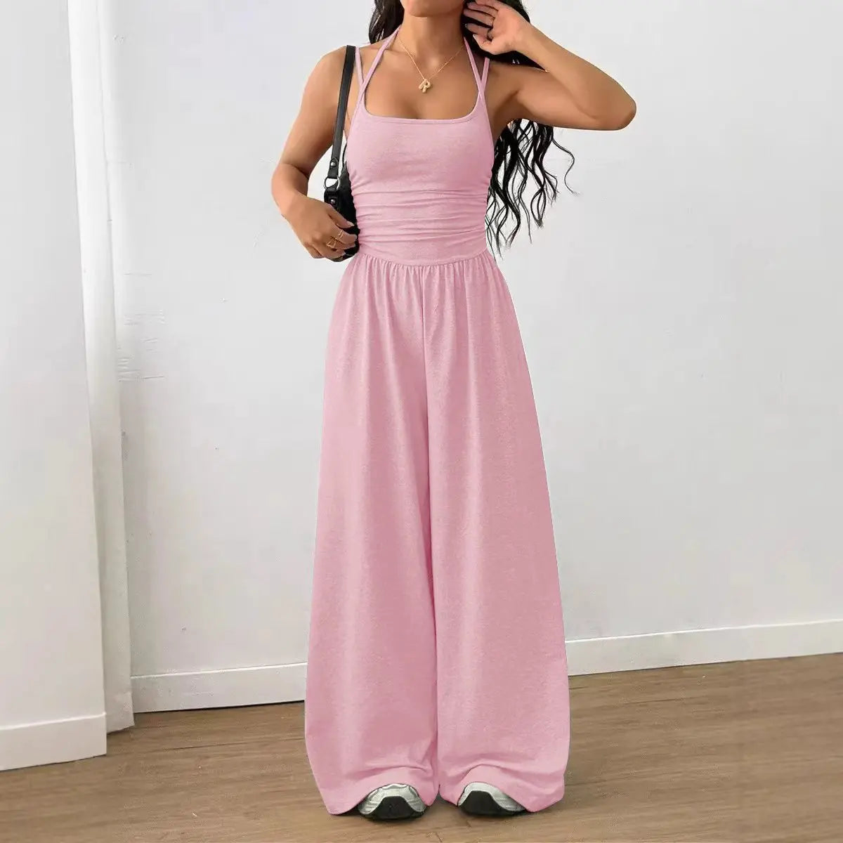 Women Halter Spaghetti Strap Jumpsuits Summer Casual Elastic High Waist Backless Wide Leg Long Pants Romper Club Party Overalls