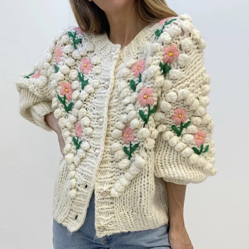 Handmade Embroidery Flower Knitted Coat Women Temperament Elegant Pearl Single-breasted Knitwear Sweater Cardigan Coats Female