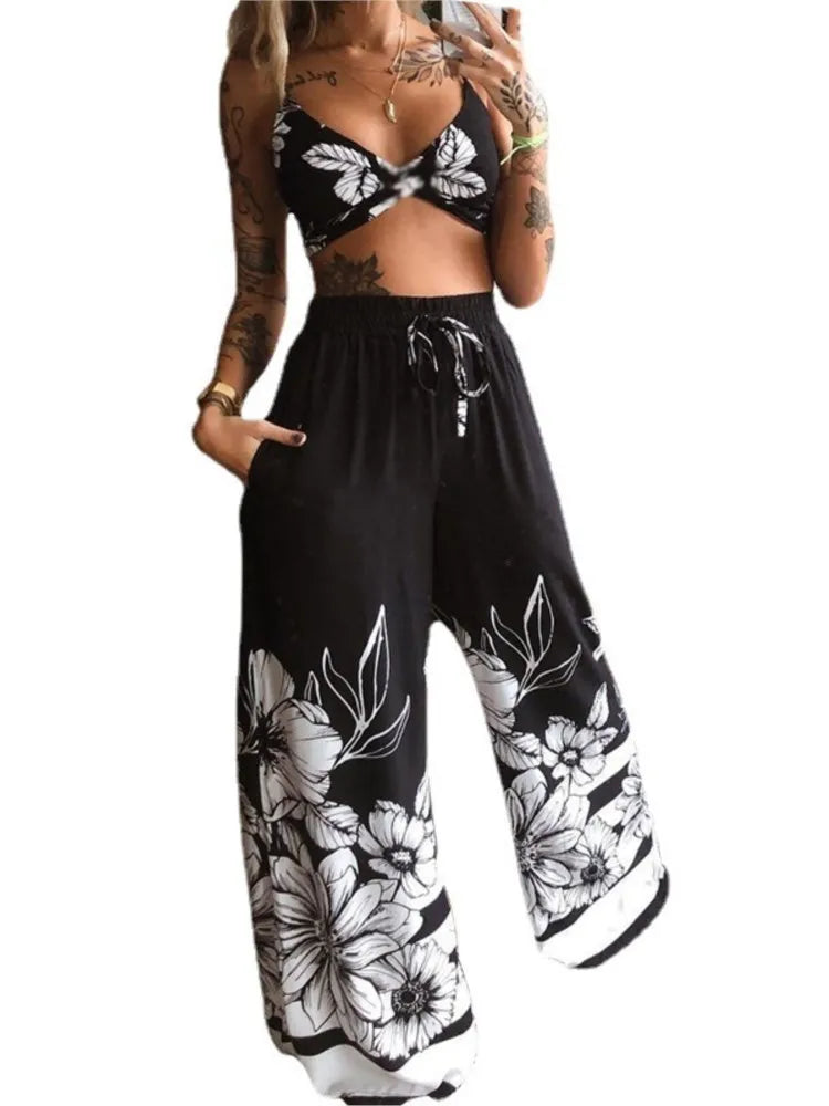 Sexy Two Piece Set Women Outfit 2026 Summer Butterfly Print V-Neck Cropped Top High Waist Drawstring Casual Wide Leg Pants Sets