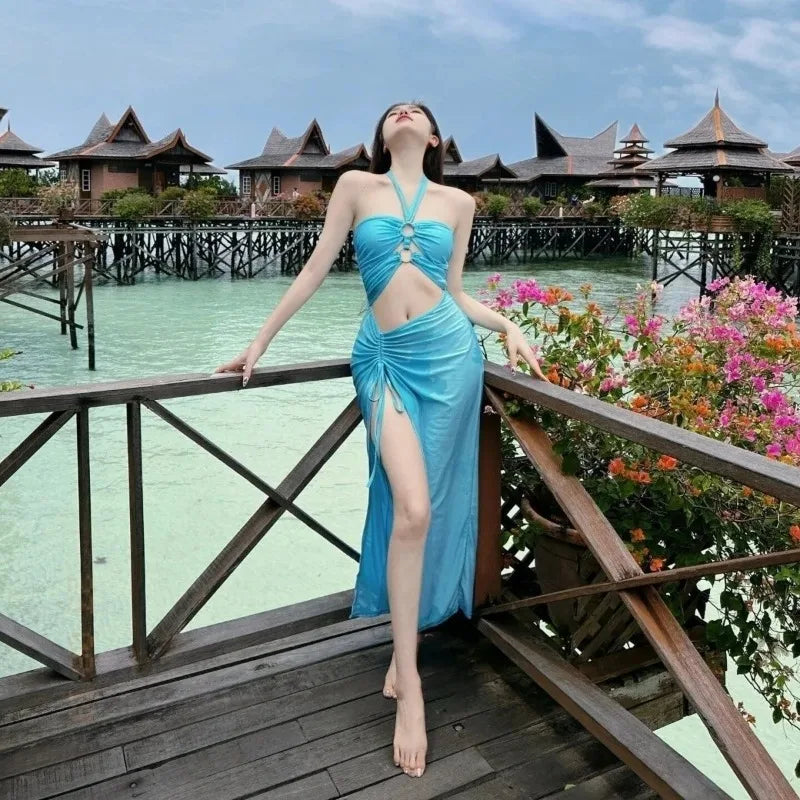 Women's 2 Piece Halter Cutout Swimsuit Ruched Drawstring Maxi Skirt Bathing Suit for Beach Vacation