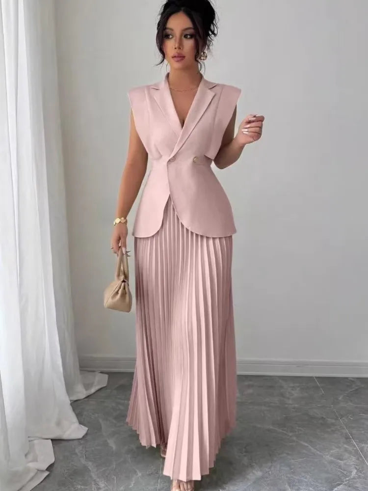 Elegant Women Solid Skirt Two Piece Sets Summer Fashion V-neck Vest Top + Pleated Skirts Temperament Simple Office Lady 2pcs Set