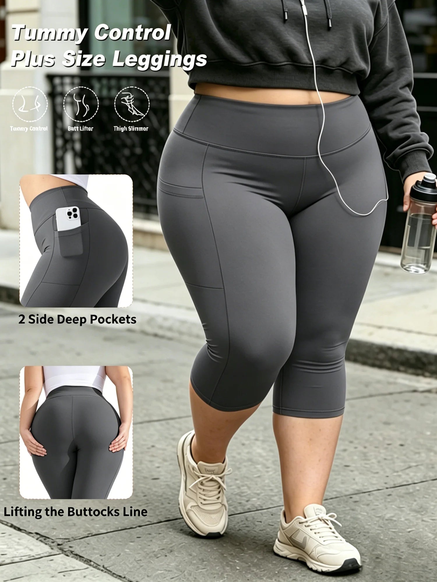 Capri Plus Size Leggings for Women with Pockets-Stretchy  Tummy Control High Waist Workout Black Yoga Pants