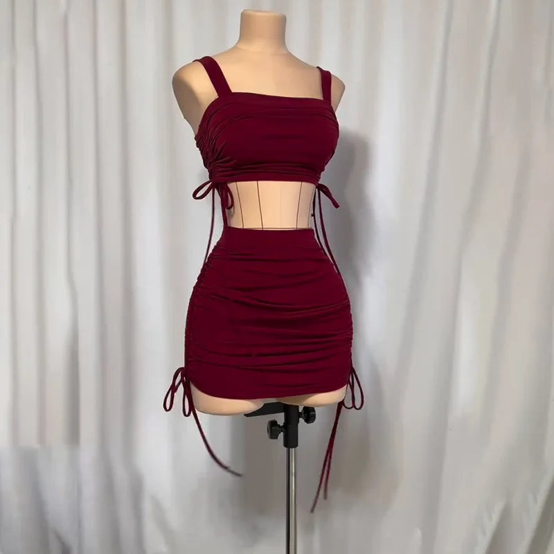 Women Two Piece Sets Skirt Set Sling Tops Sleeveless Short Skirts Hip Wrap Y2k Streetwear Drawstring Party Night Beach Sexy 2026