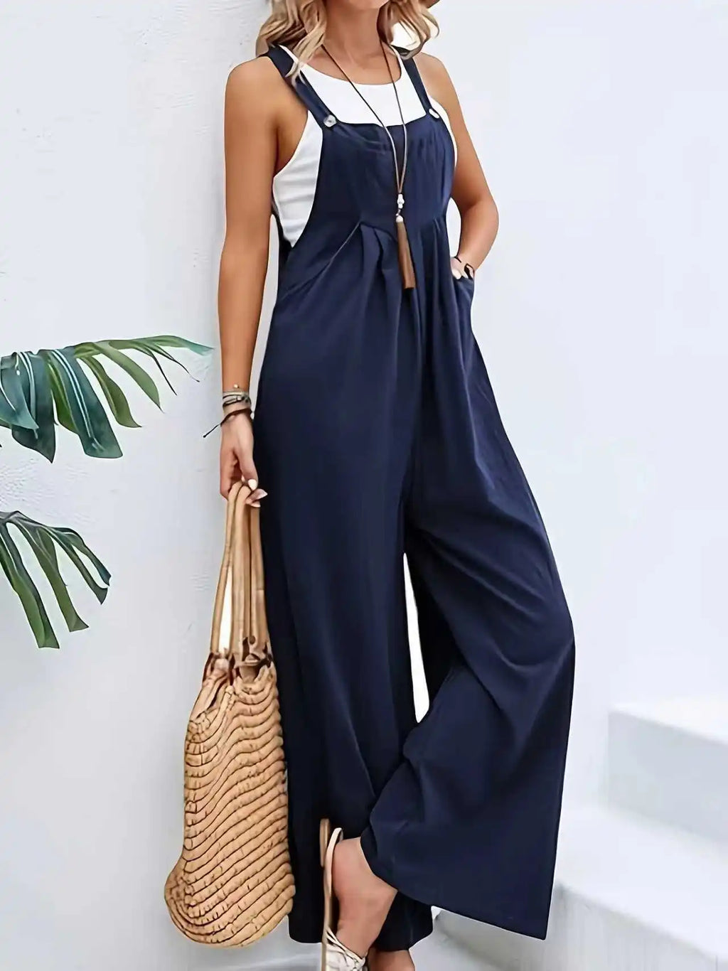 Vacation Style Age Reducing Suspender Overalls for Women, Simple Versatile Loose Slimming Suspender Pants