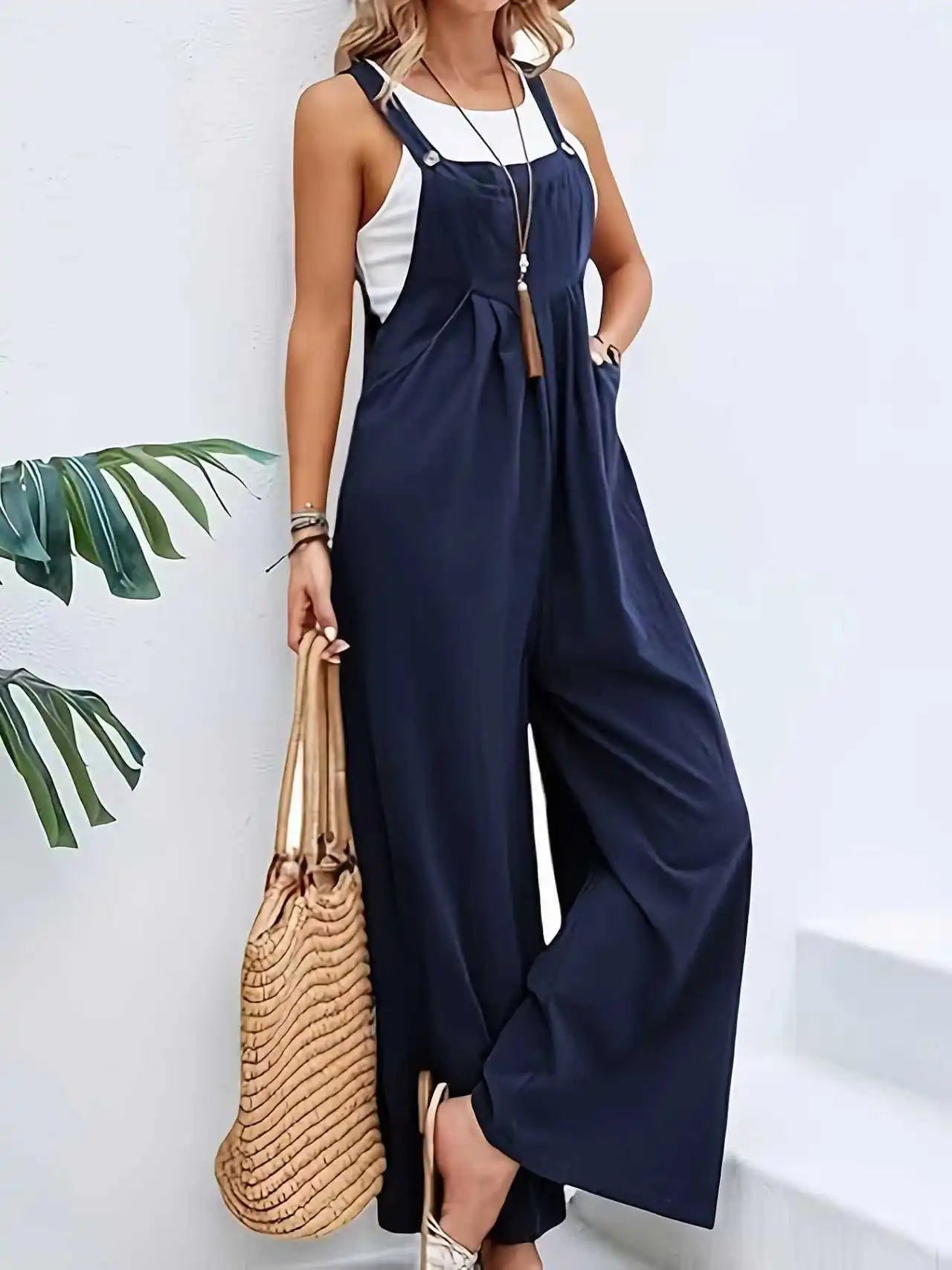 Vacation Style Age Reducing Suspender Overalls for Women, Simple Versatile Loose Slimming Suspender Pants
