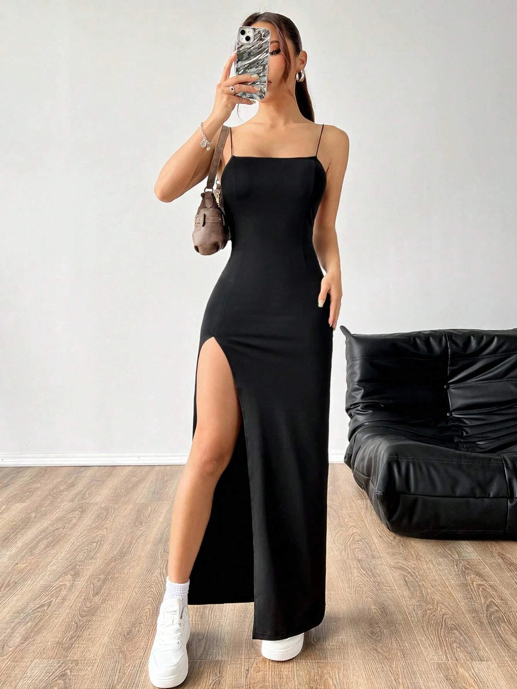 Women's Solid Color High Slit Spaghetti Strap Dress