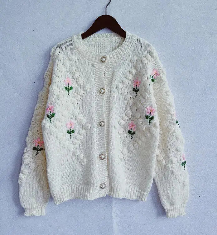 Handmade Embroidery Flower Knitted Coat Women Temperament Elegant Pearl Single-breasted Knitwear Sweater Cardigan Coats Female