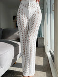 Sexy White Hollow Out Beach Pants for Women Summer High Waist Crochet Wide Leg Trousers Casual Vacation Knitwear Bohemian Long