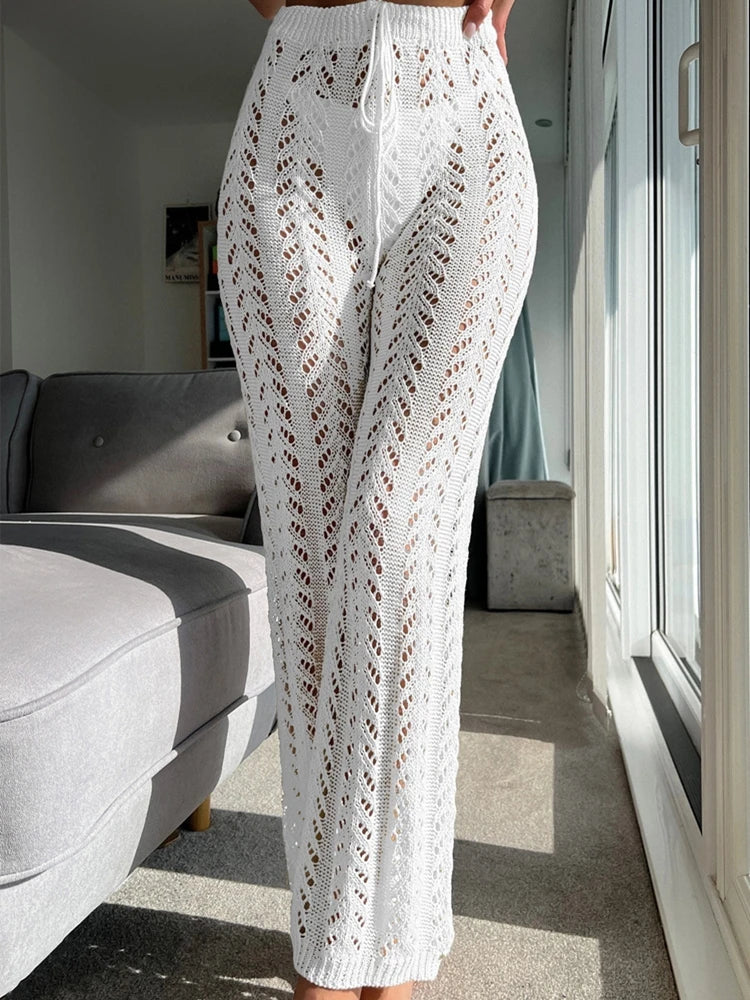 Sexy White Hollow Out Beach Pants for Women Summer High Waist Crochet Wide Leg Trousers Casual Vacation Knitwear Bohemian Long