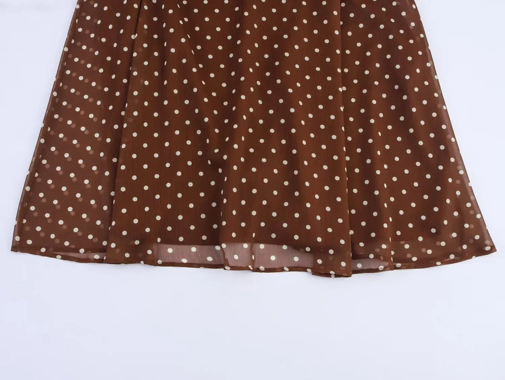 Vintage Brown Polka Dot Print Long Puff Sleeve Chiffon Dress Woman Pleated Front Slim High Waist Ankle Length Dress Robe