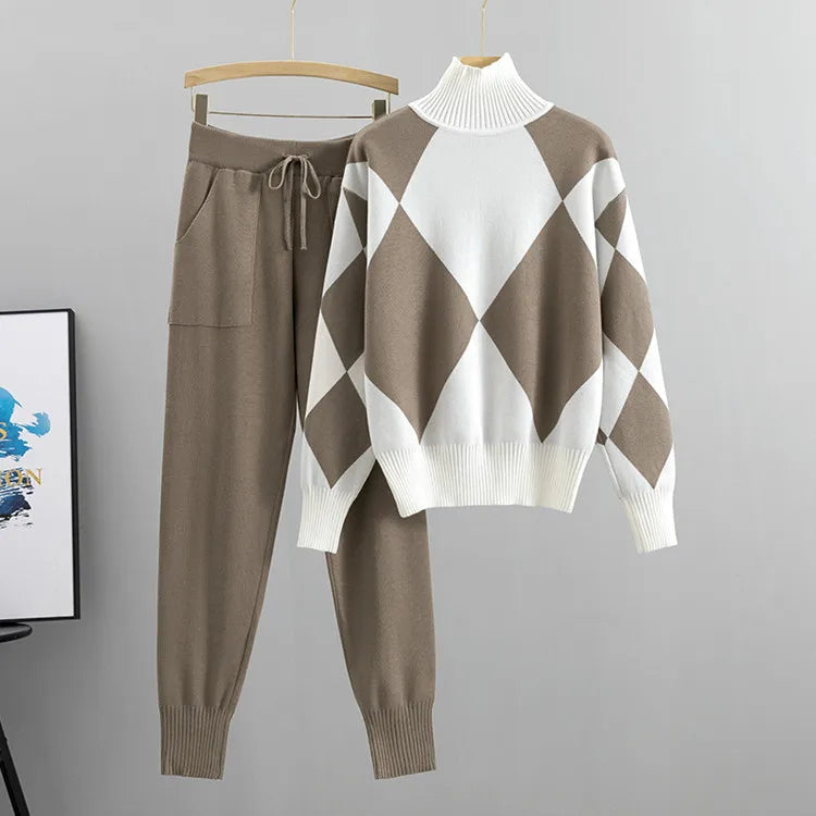 Women's Fashion Knitted Checkered Turtleneck Sweater 2 Piece Autum Winter Casual Lace Up Pocket Knitted Pants Sports Female Suit