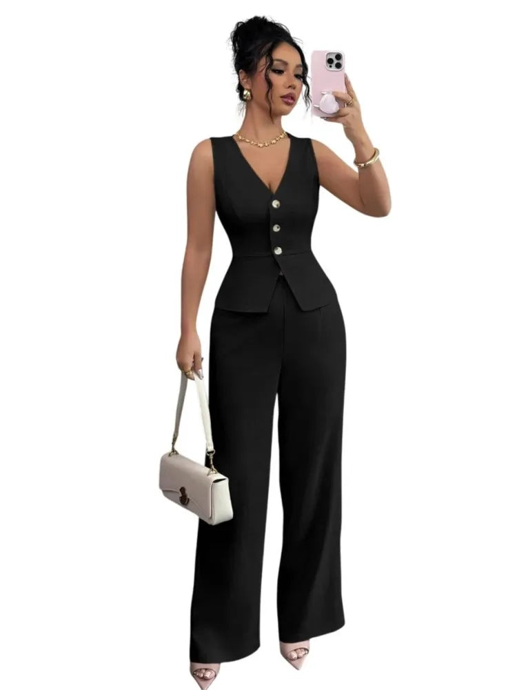Summer New Solid Color Two Piece Sets Women V-neck Sleeveless Slim Single-breasted Vest Top + Wide-leg Trousers 2-piece Set