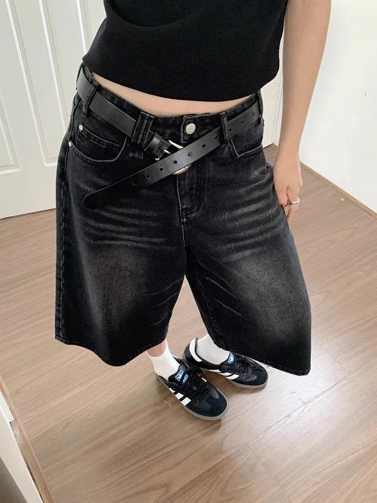 Black Baggy Denim Shorts Women Y2k Vintage Wide Leg Jorts Washed High Waist Streetwear Casual Fashion Loose Trousers