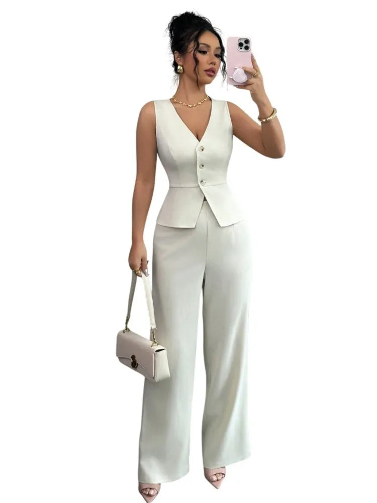 Summer New Solid Color Two Piece Sets Women V-neck Sleeveless Slim Single-breasted Vest Top + Wide-leg Trousers 2-piece Set