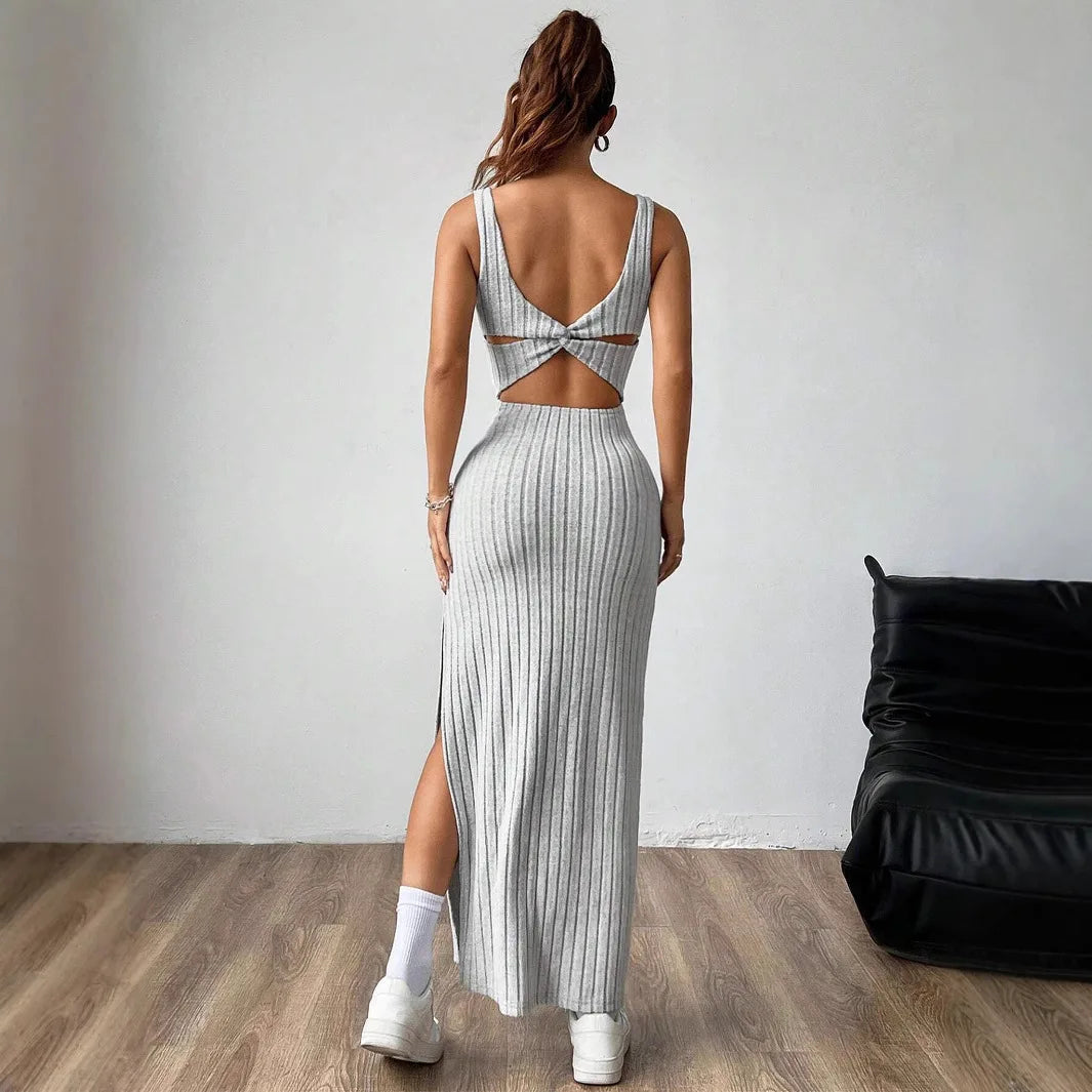 Elegant Slim Knitted Dresses Women New Sexy Hollow Out Backless Bodycon Long Dress Streetwear Fashion Casual Solid Lady Dress