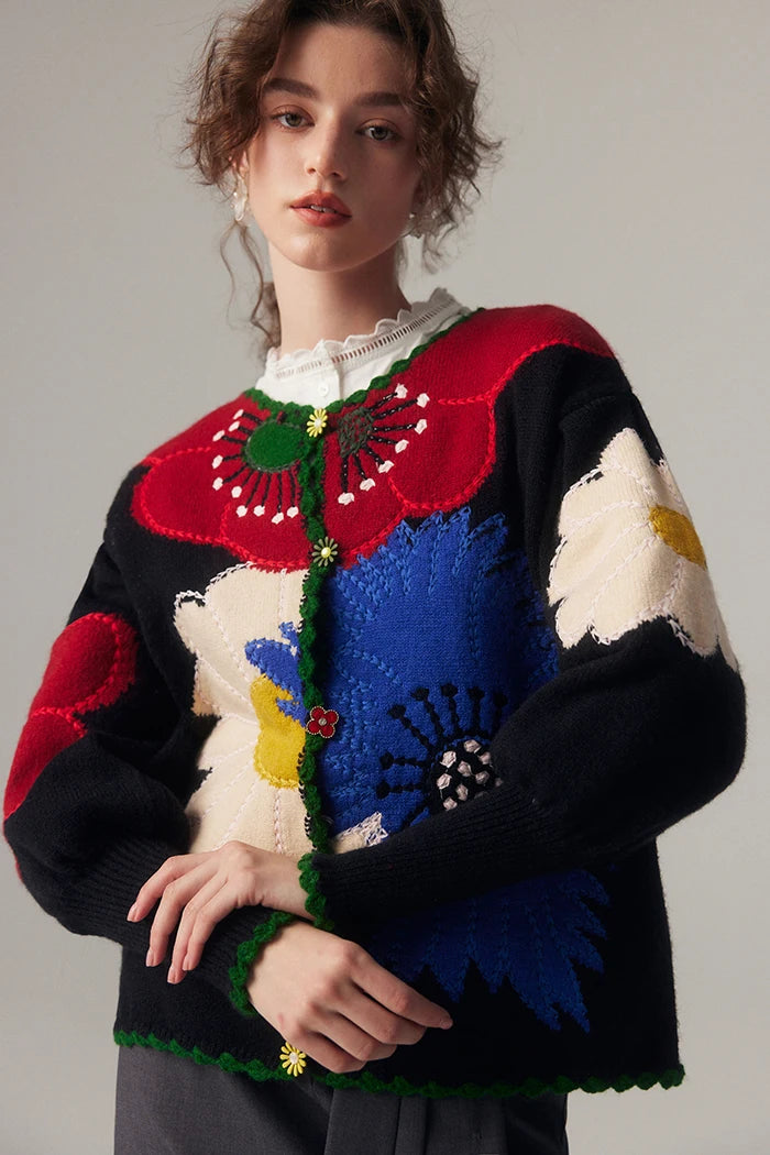 Vintage Flower Embroidery Knitted Top High Quality Women Fashion Cardigan Fashion Trends Autumn/Winter New in Chic Sweater Coat