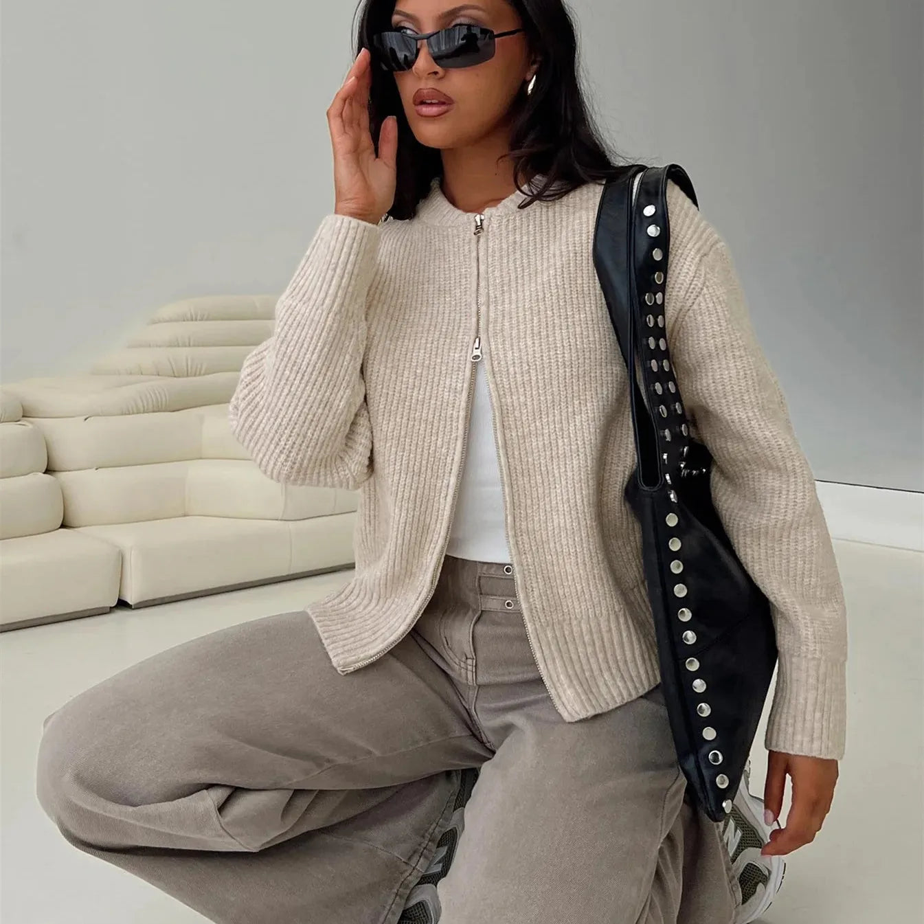 Women's Zip Up Knit Sweater Casual Long Sleeve Mock Neck Open Front Cardigan Winter Fall Outwear Coat Fashion Streetwear